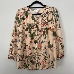 100% Silk Floral and Bird Print Button Down Blouse